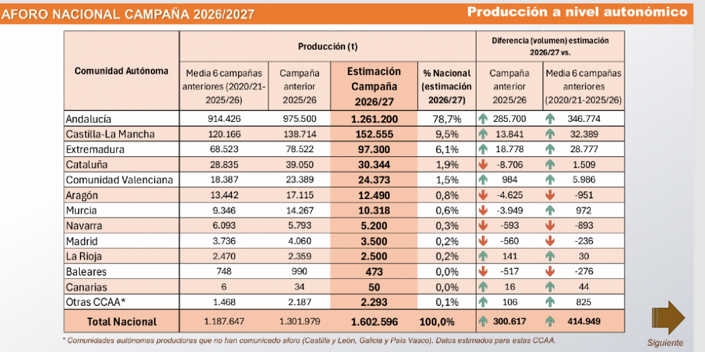 MAPA puts initial olive oil crop forecast at 1.6 Mt for the new 2026/27 season